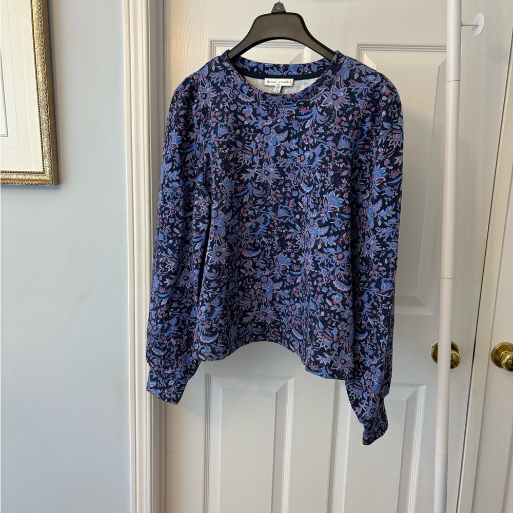 Masion D’Amelie Floral Print Blue Crewneck Puff Sleeves Sweatshirt Medium - Picture 5 of 12